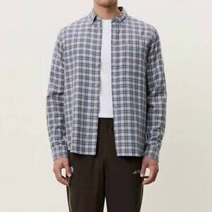 NEW LES DEUX relaxed check shirt in faded denim blue